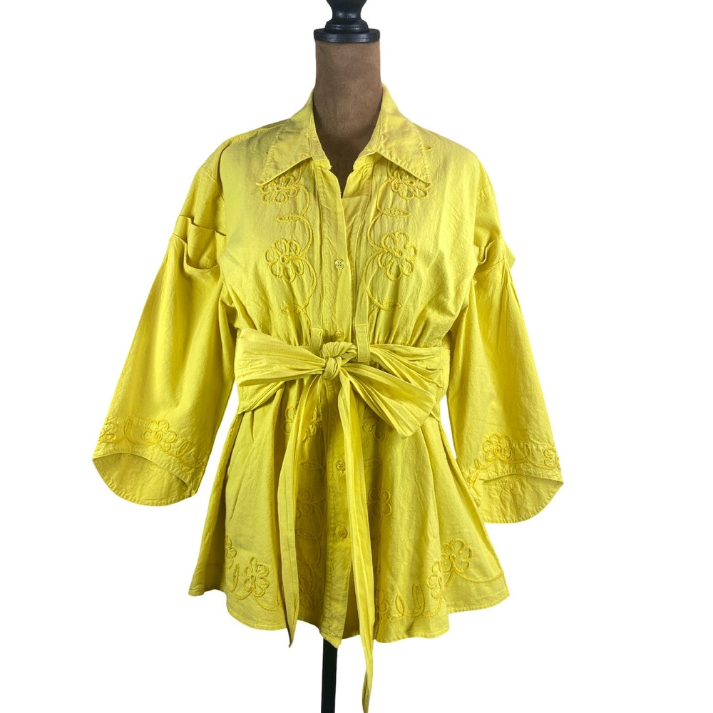 Gretty Zueger Yellow Cotton Embroidered Tie Waist Tunic Top XL